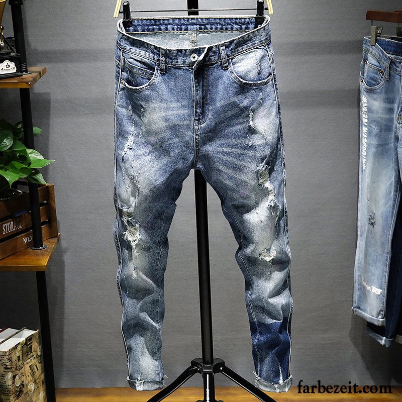 Jeans Herren Trend Elastisch Neu Löcher Schmales Bein Schlank Grau