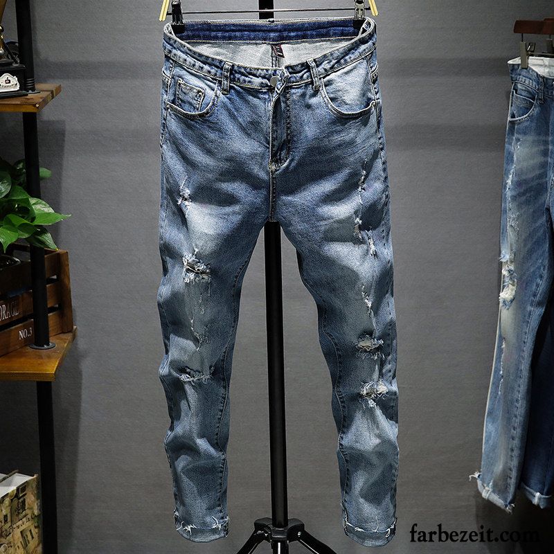 Jeans Herren Trend Elastisch Neu Löcher Schmales Bein Schlank Grau