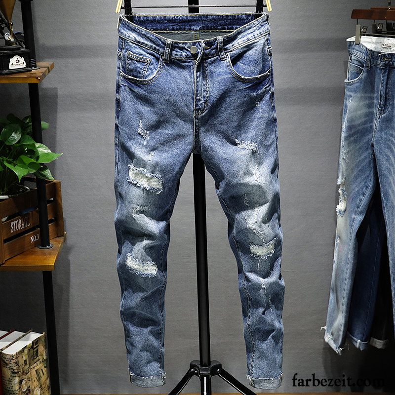 Jeans Herren Trend Elastisch Neu Löcher Schmales Bein Schlank Grau