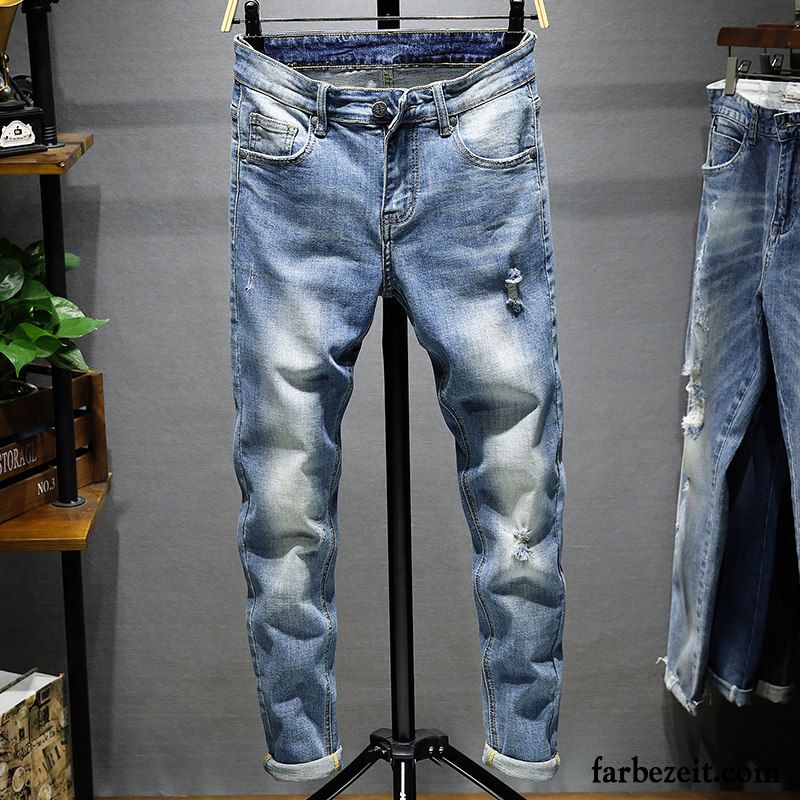 Jeans Herren Trend Elastisch Neu Löcher Schmales Bein Schlank Grau