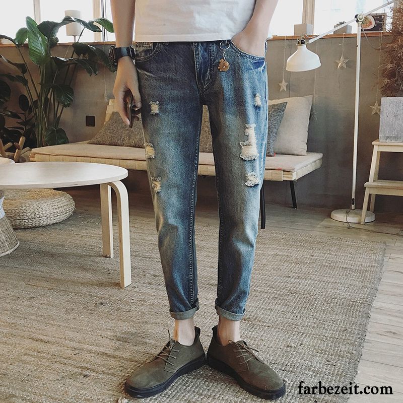 Jeans Herren Trend Löcher Schmales Bein Feder Elastisch Hose Schwarz