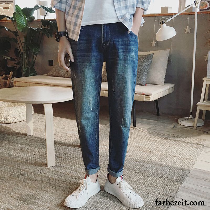 Jeans Herren Trend Löcher Schmales Bein Feder Elastisch Hose Schwarz