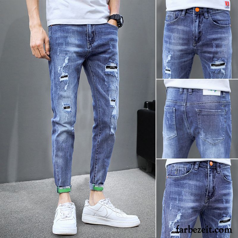 Jeans Herren Trend Sommer Schmales Bein Freizeit Löcher Neunte Hose Blau Hell