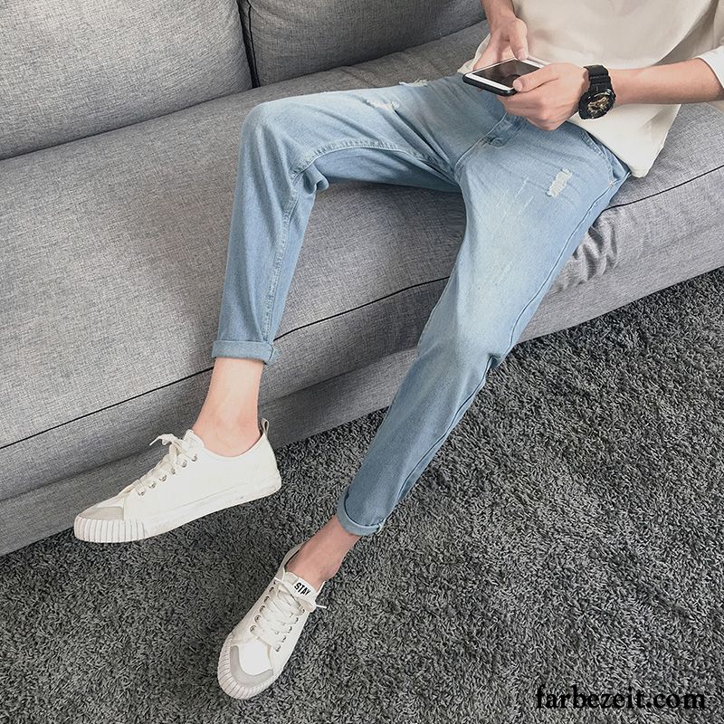 Jeans Hose Kaufen Blau Löcher Herbst Lange Freizeit Schlank Trend Neu Jeans Dünn Herren Elastisch Billig