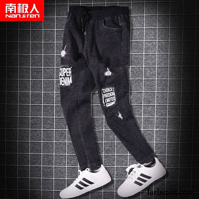 Jeans Hosen Herren Slim Fit Jeans Neunte Hose Schwarz Trend Schlank Schüler Löcher Günstig