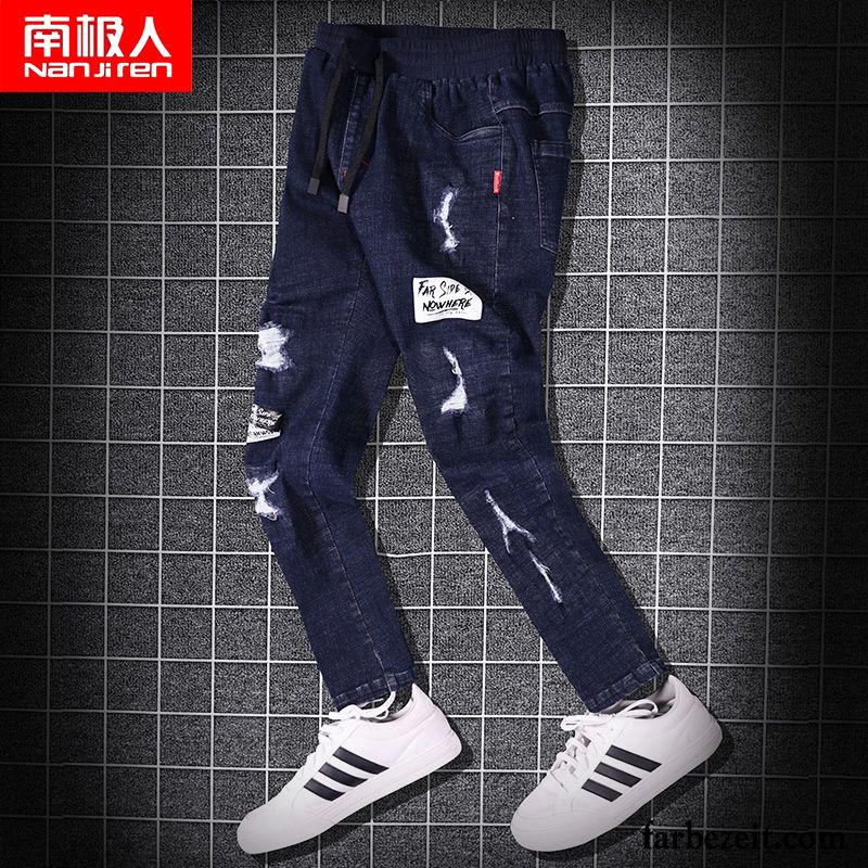 Jeans Hosen Herren Slim Fit Jeans Neunte Hose Schwarz Trend Schlank Schüler Löcher Günstig