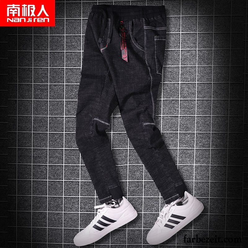 Jeans Hosen Herren Slim Fit Jeans Neunte Hose Schwarz Trend Schlank Schüler Löcher Günstig