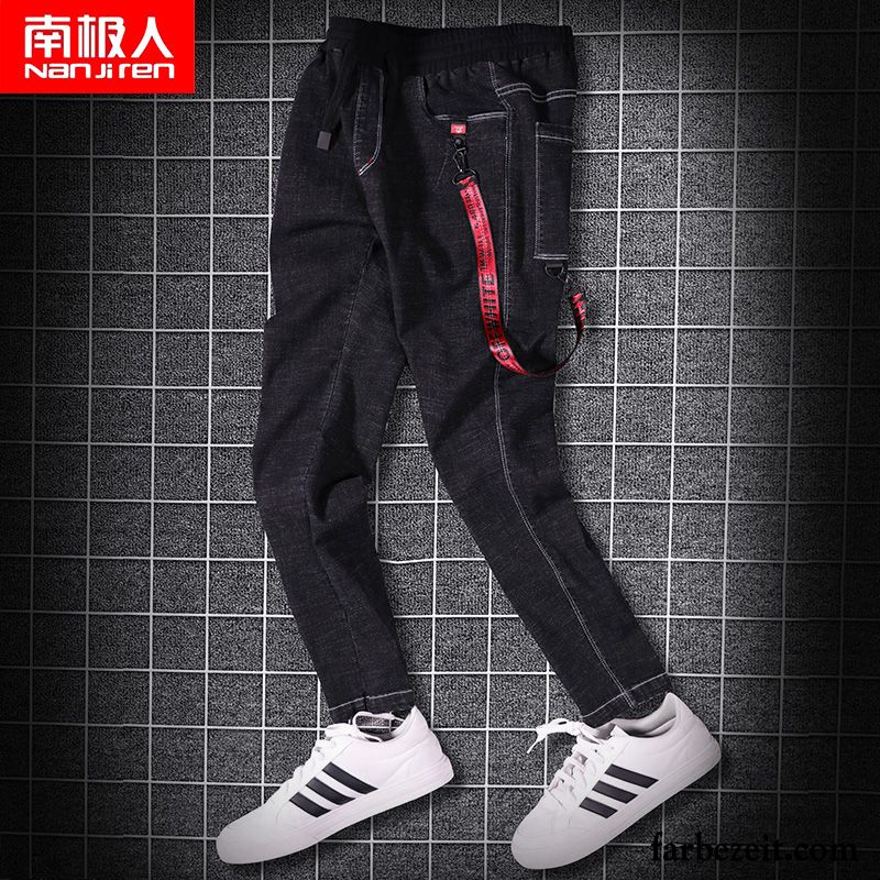 Jeans Hosen Herren Slim Fit Jeans Neunte Hose Schwarz Trend Schlank Schüler Löcher Günstig