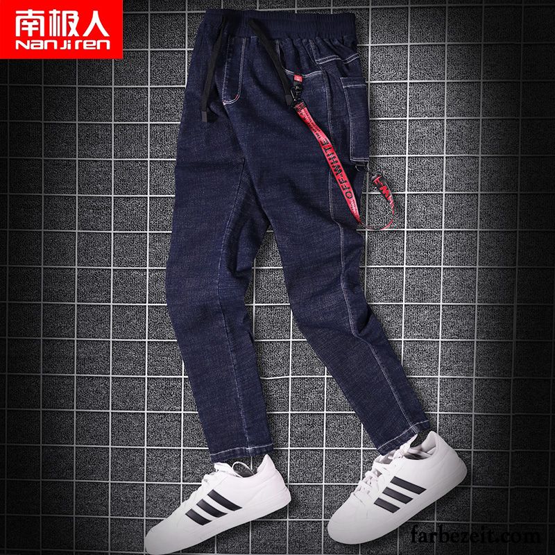 Jeans Hosen Herren Slim Fit Jeans Neunte Hose Schwarz Trend Schlank Schüler Löcher Günstig