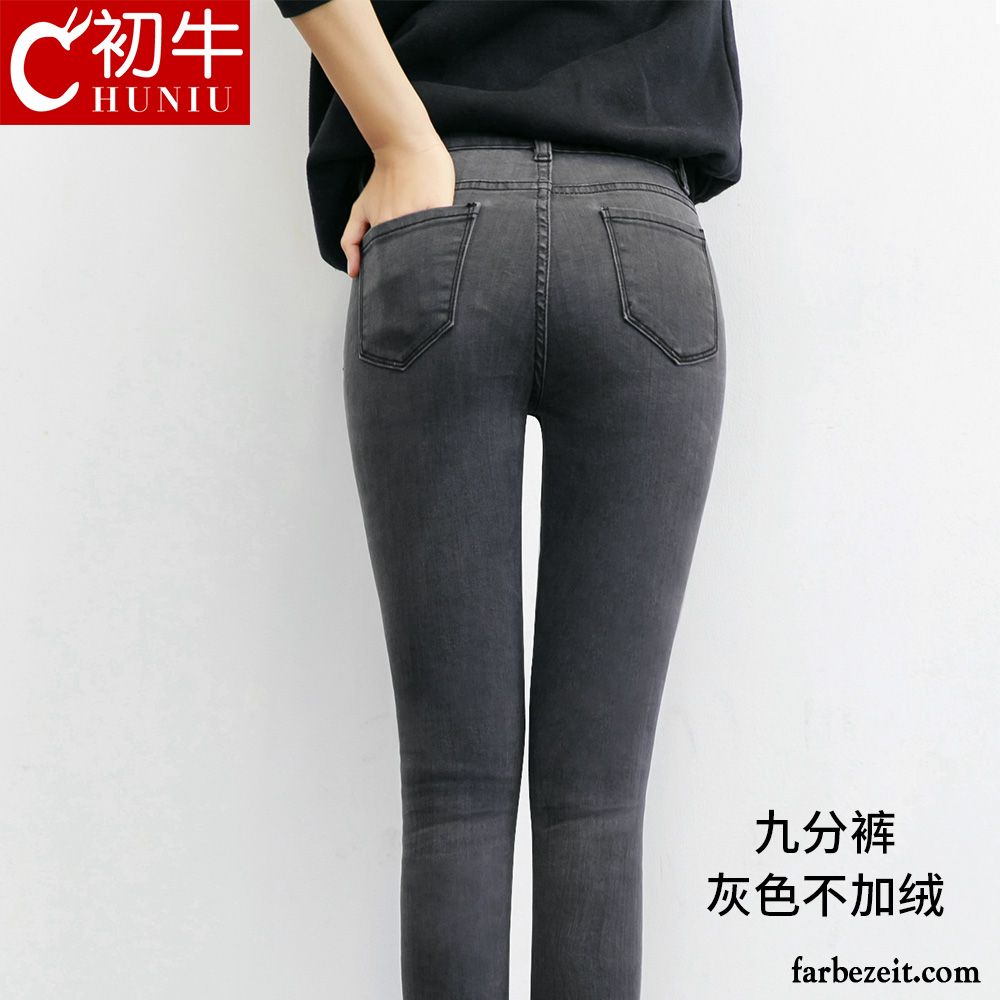 Jeans Low Waist Damen Dünn Hose Winter Herbst Schwarz Neu Plus Samt Verdickung Jeans Neunte Hose Hohe Taille Sale