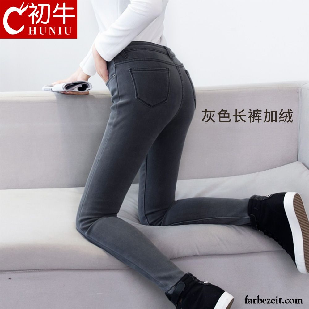 Jeans Low Waist Damen Dünn Hose Winter Herbst Schwarz Neu Plus Samt Verdickung Jeans Neunte Hose Hohe Taille Sale