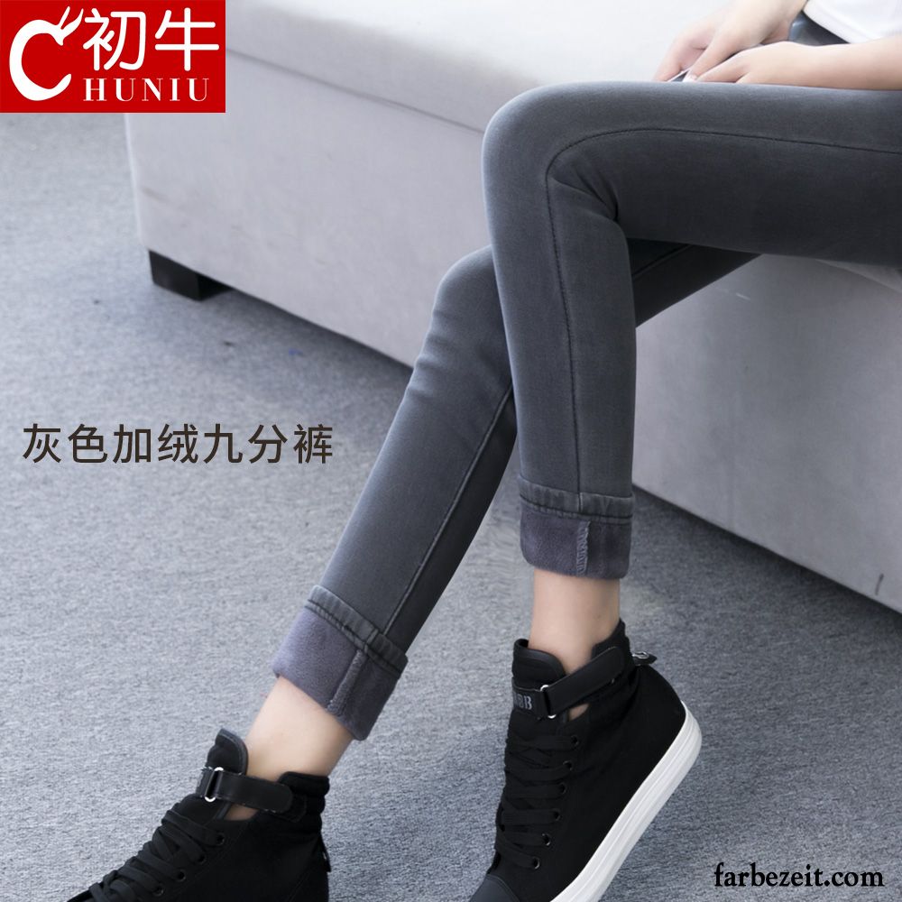 Jeans Low Waist Damen Dünn Hose Winter Herbst Schwarz Neu Plus Samt Verdickung Jeans Neunte Hose Hohe Taille Sale