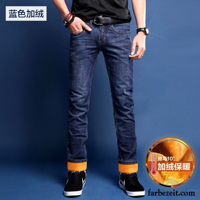 Jeans Männer Slim Fit Dünn Jugend Plus Samt Herren Hose Elastisch Lange Trend Schlank Schwarz Gerade Jeans Winter Billig