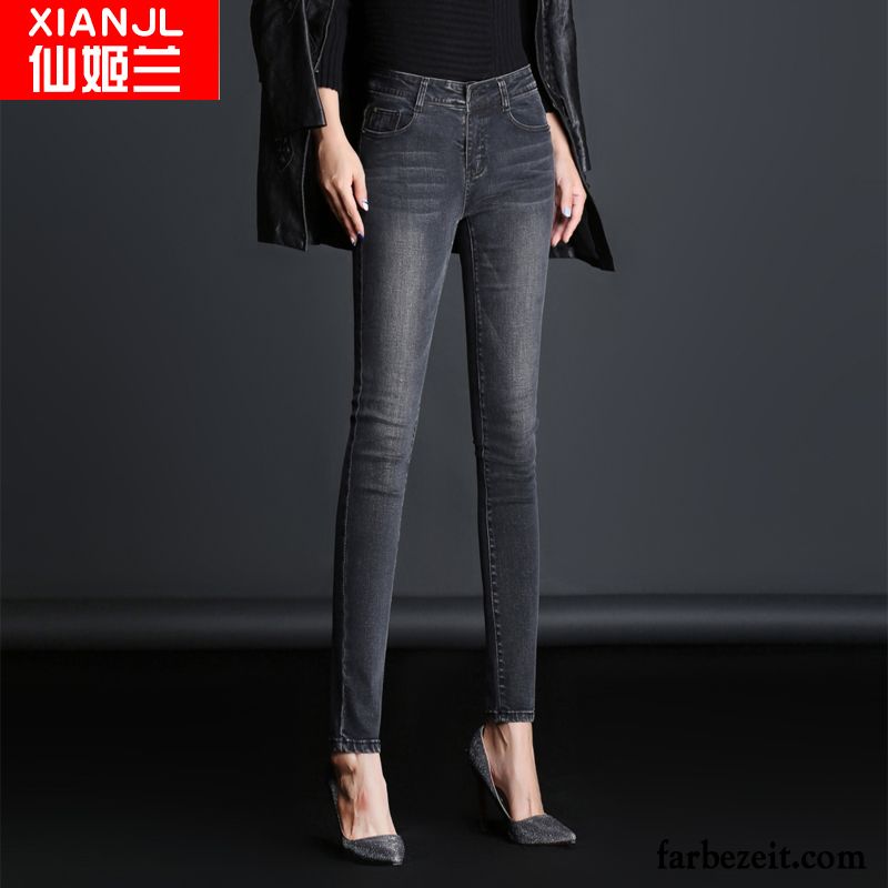 Jeans Relaxed Fit Damen Schwarz Jeans Dünn Schlank Hohe Taille Hose Grau Bleistift Hose Trend Elastisch Rabatt