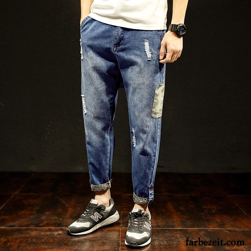 Jeans Straight Fit Herren Persönlichkeit Schmales Bein Harlan Hose Große Größe Freizeit Löcher Jeans Lose Trend Blau Neunte Hose Kaufen