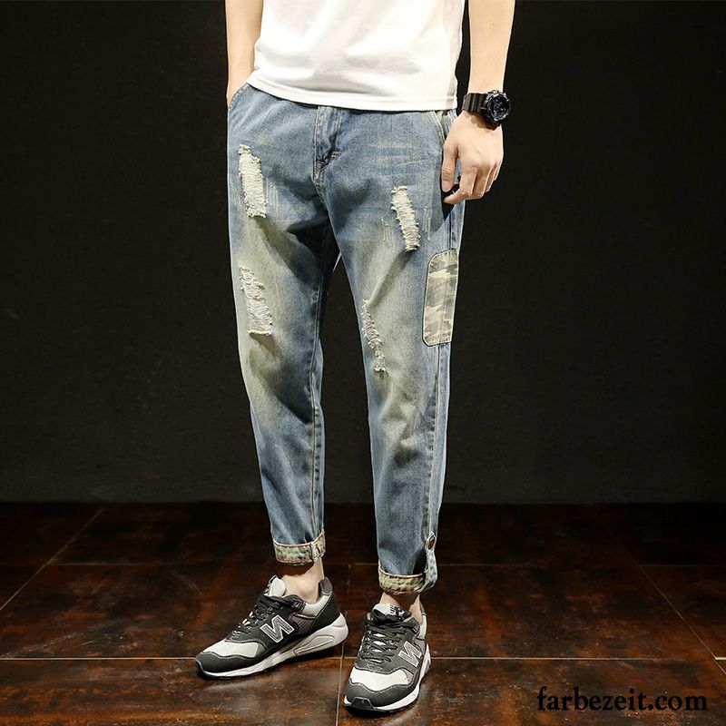 Jeans Straight Fit Herren Persönlichkeit Schmales Bein Harlan Hose Große Größe Freizeit Löcher Jeans Lose Trend Blau Neunte Hose Kaufen