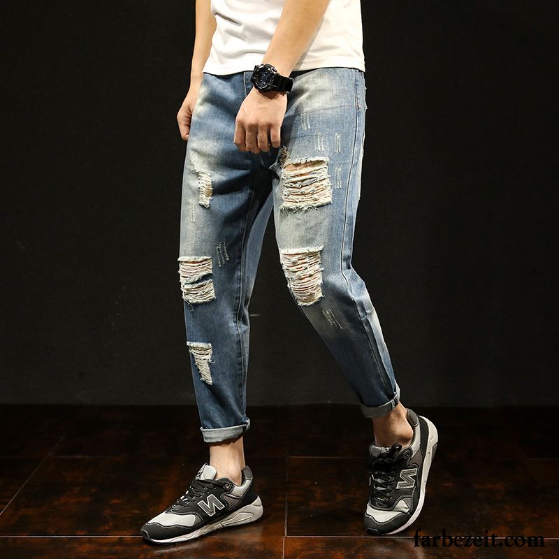 Jeans Straight Fit Herren Persönlichkeit Schmales Bein Harlan Hose Große Größe Freizeit Löcher Jeans Lose Trend Blau Neunte Hose Kaufen