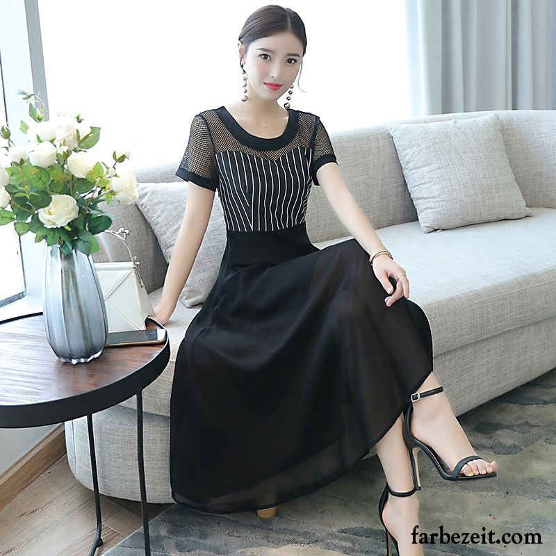 Kleider Damen Lang Chiffon Temperament Weiß Dünn Sommer Elegant Dame Schwarz Langer Rock Kleider Streifen Neu Spleißen Kaufen