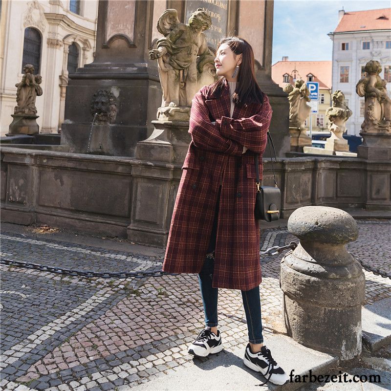 Kurz Wollmäntel Damen Herbst Schüler Gitter Winter Überzieher Langer Abschnitt Mäntel Wolle Lose Neu Schwarz Retro