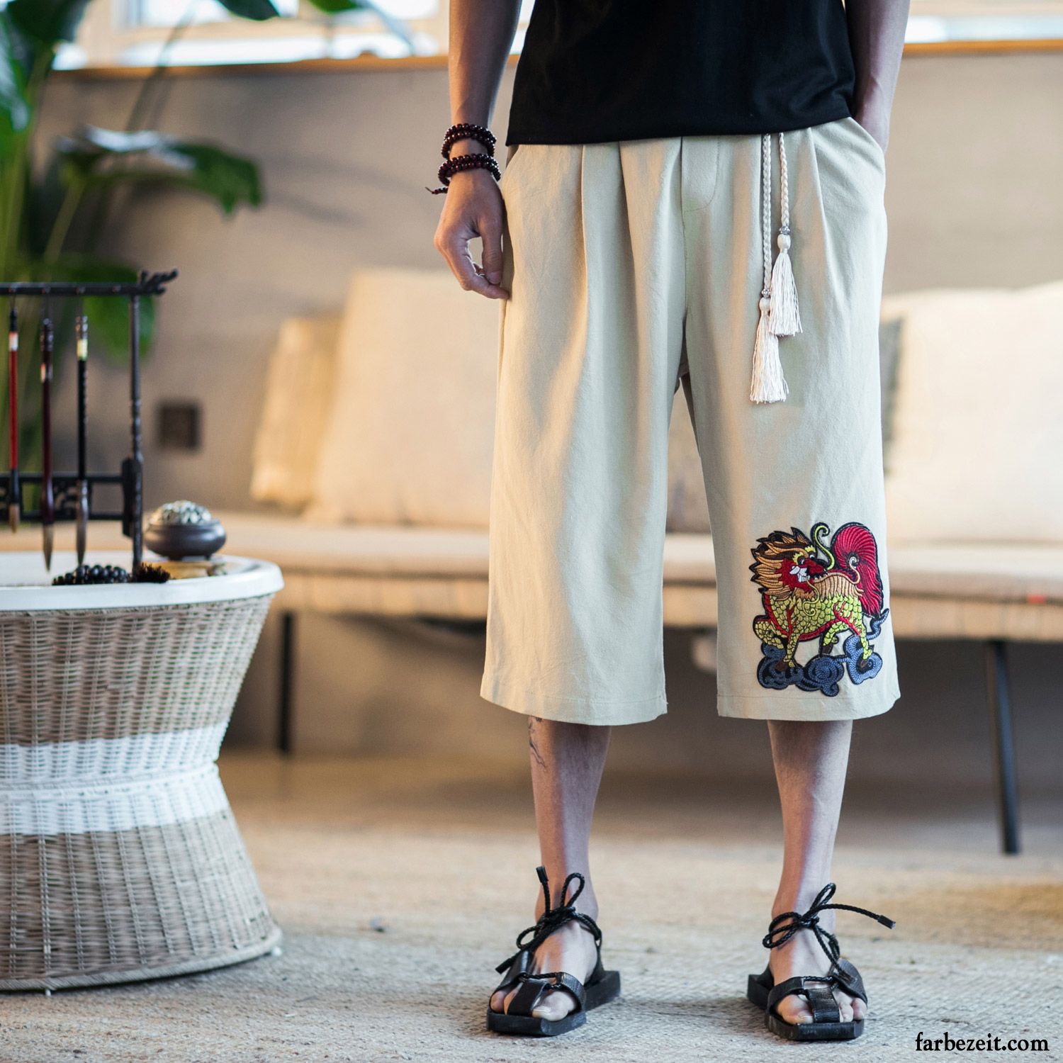 Kurze Hosen Herren Freizeit Chinesischer Stil Geschnittene Hose Trend Weites Bein Sommer Khaki Sandfarben