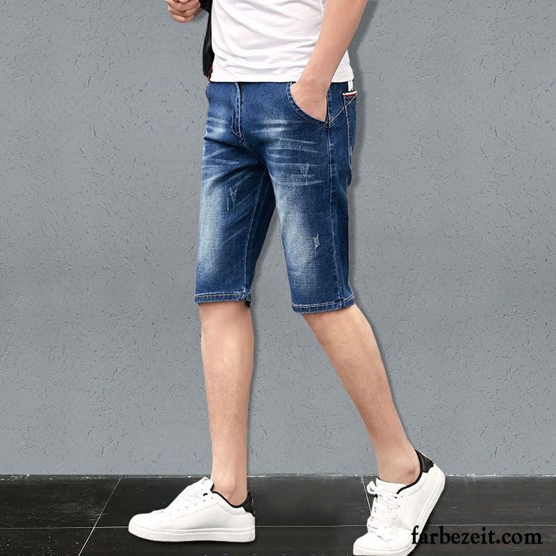 Kurze Hosen Herren Freizeit Geschnittene Hose Schlank Sommer Löcher Trend Blau