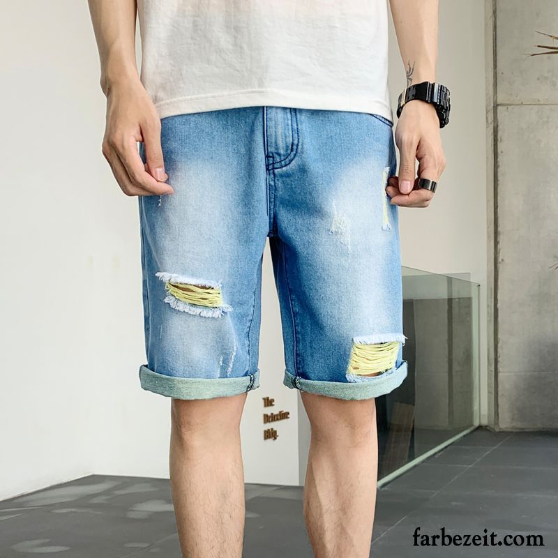 Kurze Hosen Herren Gerade Sommer Dünn Löcher Lose Trend Blau