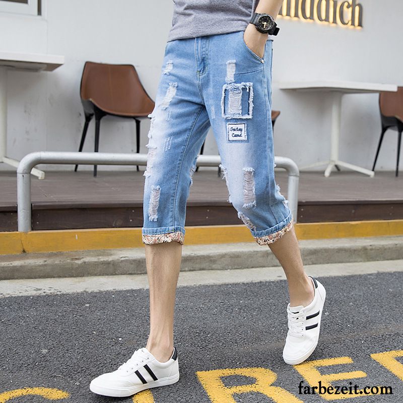 Kurze Hosen Herren Sommer Dünn Trend Jeans Löcher Blau