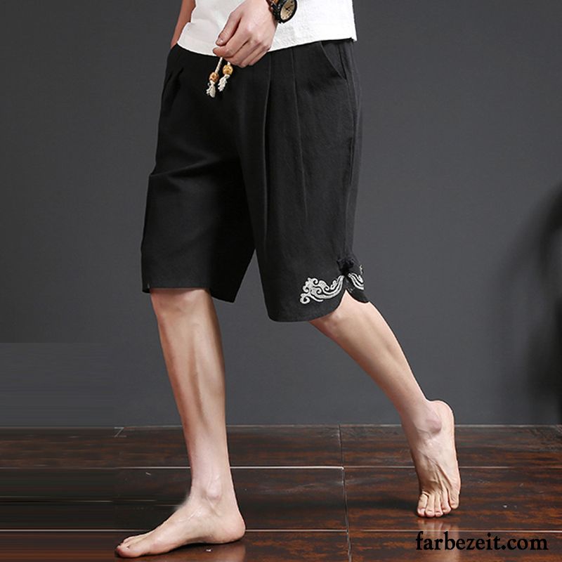 Kurze Hosen Herren Sommer Retro Freizeit Chinesischer Stil Lose Stickerei Sandfarben Grau