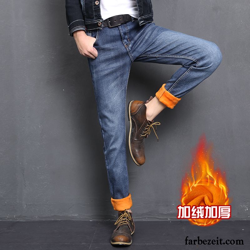 Kurze Hosen Männer Jeans Jeans Herren Freizeit Herbst Elastisch Schlank Verdickung Lange Retro Plus Samt Gerade Schmales Bein Jugend Hose Winter Kaufen