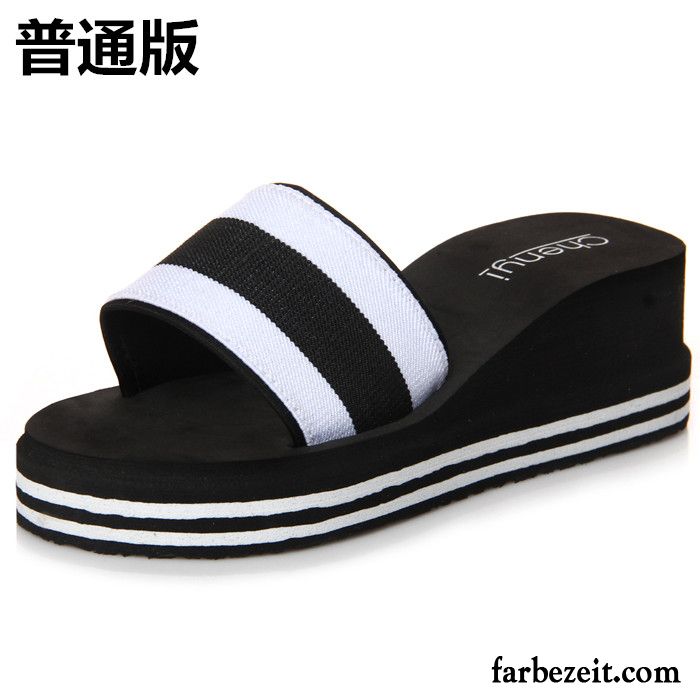 Kuschel Hausschuhe Damen Gummi Rutschsicher Pantolette Casual Keilschuhe Strand Wasserdichte Plattform Täglich Sommer Erhöht Hausschuhe Streifen Dicke Sohle Billig