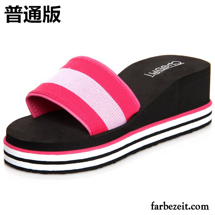 Kuschel Hausschuhe Damen Gummi Rutschsicher Pantolette Casual Keilschuhe Strand Wasserdichte Plattform Täglich Sommer Erhöht Hausschuhe Streifen Dicke Sohle Billig