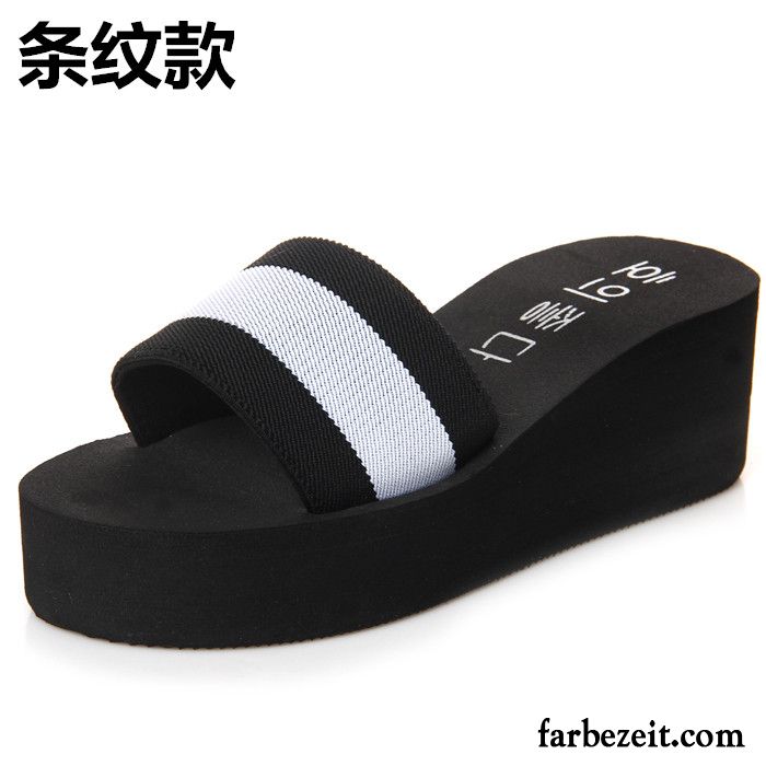 Kuschel Hausschuhe Damen Gummi Rutschsicher Pantolette Casual Keilschuhe Strand Wasserdichte Plattform Täglich Sommer Erhöht Hausschuhe Streifen Dicke Sohle Billig