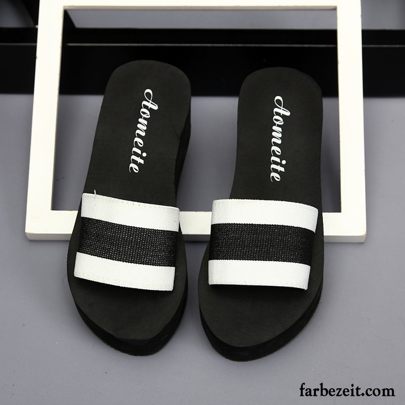 Kuschel Hausschuhe Damen Gummi Rutschsicher Pantolette Casual Keilschuhe Strand Wasserdichte Plattform Täglich Sommer Erhöht Hausschuhe Streifen Dicke Sohle Billig