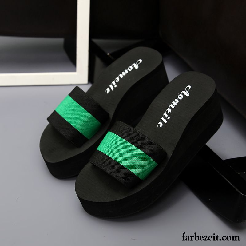 Kuschel Hausschuhe Damen Gummi Rutschsicher Pantolette Casual Keilschuhe Strand Wasserdichte Plattform Täglich Sommer Erhöht Hausschuhe Streifen Dicke Sohle Billig