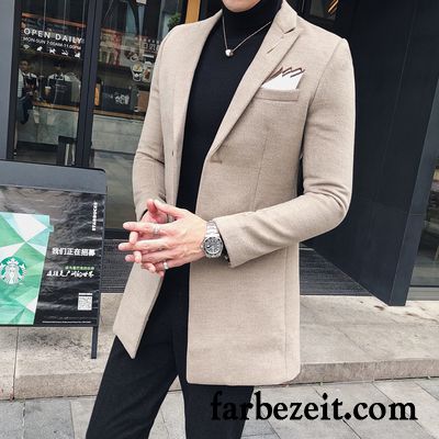 Langer Trenchcoat Herren Winter Mode Neu Schlank Wolle Mäntel Langer Abschnitt Überzieher Streifen England Herbst Rote Rabatt