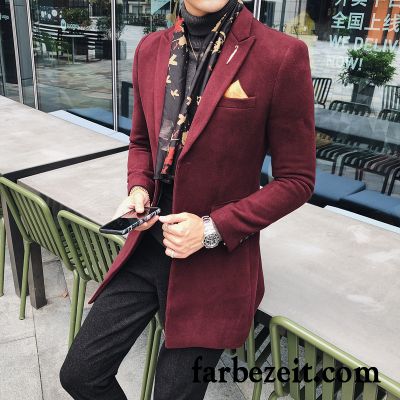 Langer Trenchcoat Herren Winter Mode Neu Schlank Wolle Mäntel Langer Abschnitt Überzieher Streifen England Herbst Rote Rabatt