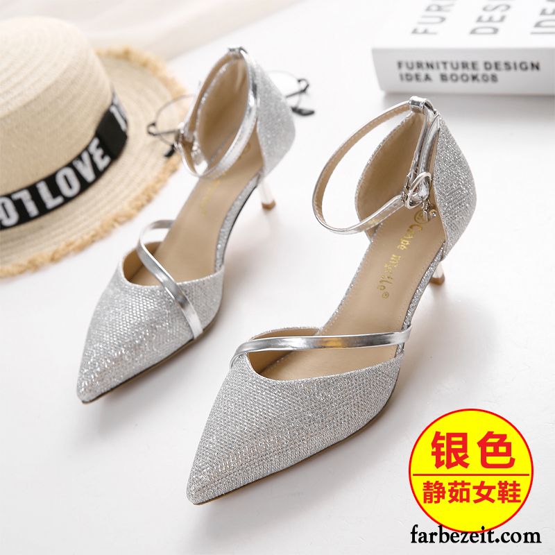 Leder Pumps Blau Schnürschuhe Hochzeit Schuhe Spitze Sandalen Damen Dünne Fersen Pumps Silber Verkaufen