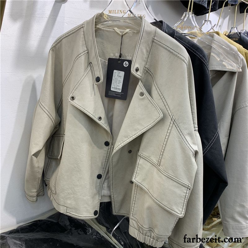 Lederjacke Damen Bolero Schläger Große Größe Herbst Motorradanzüge Lose Schwarz Beige