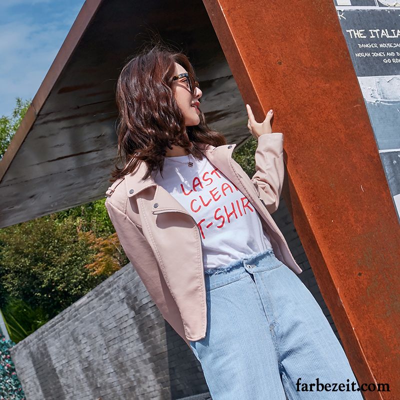 Lederjacke Damen Dünn Überzieher Waschen Kurzer Absatz Schlank Neu Rosa