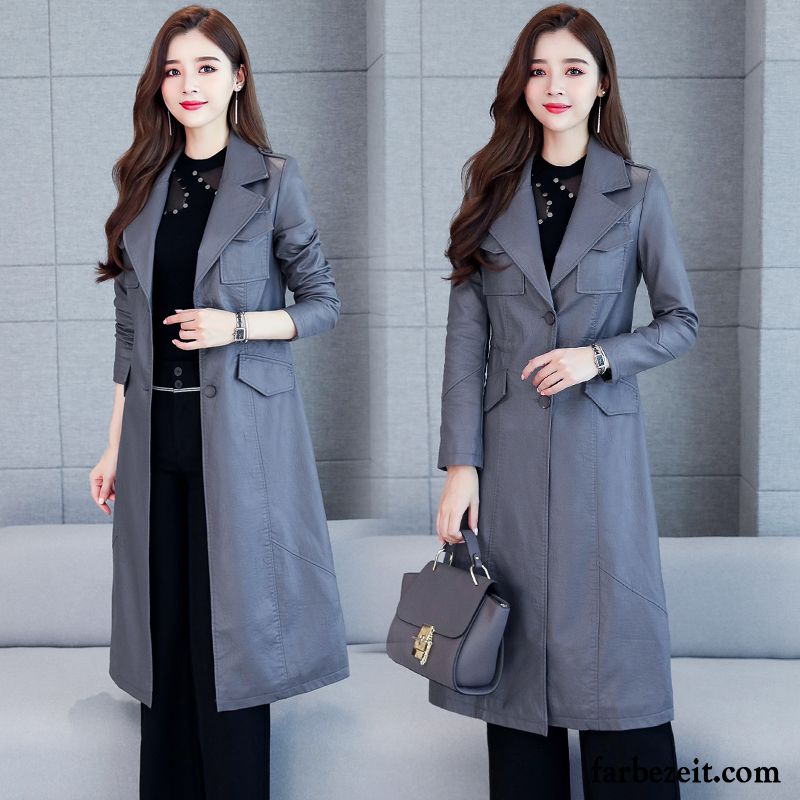 Lederjacke Damen Elegant Mode Süß Neu Revers Persönlichkeit Grau