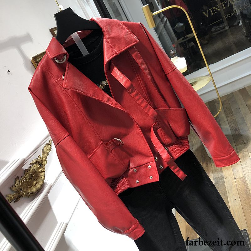 Lederjacke Damen Neu Kurzer Absatz Feder Lose Überzieher Herbst Rot