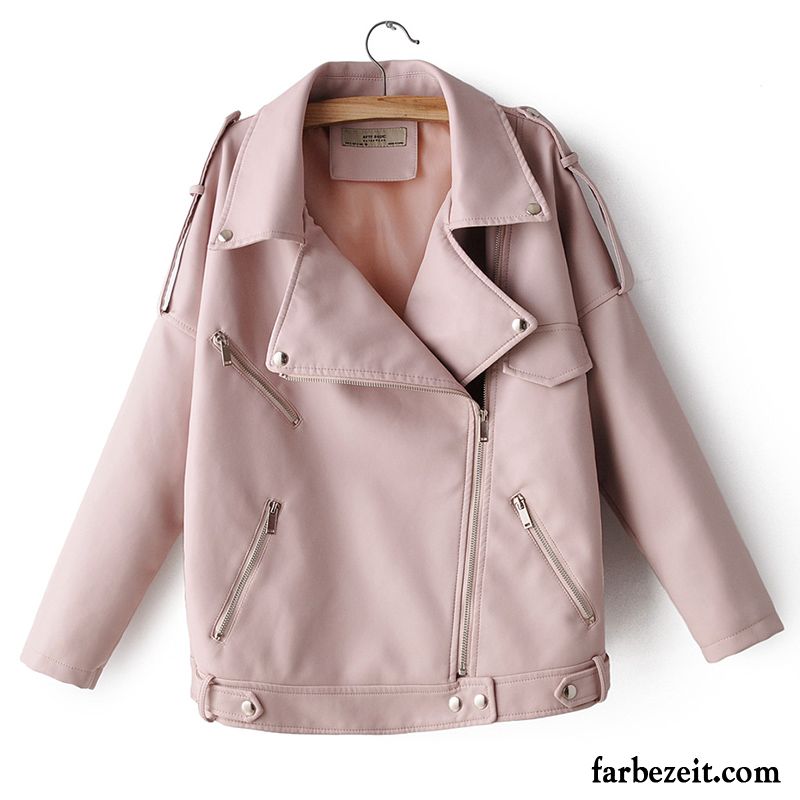 Lederjacke Damen Neu Pu Herbst Kurzer Absatz Lose Überzieher Rosa