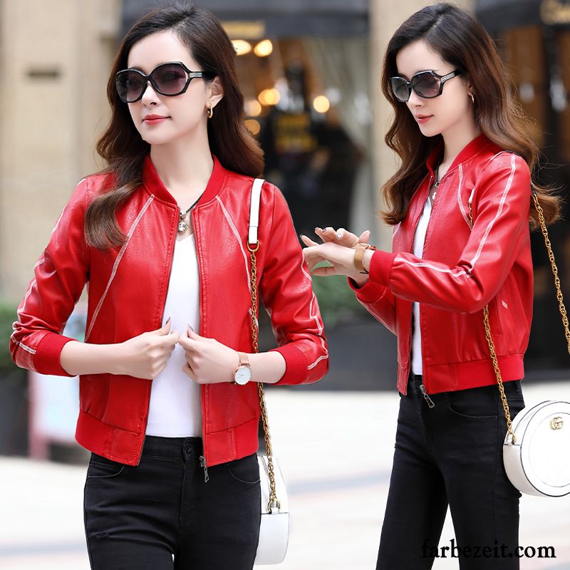 Lederjacke Damen Pu Kurzer Absatz Feder Neu Trend Überzieher Schwarz Rot