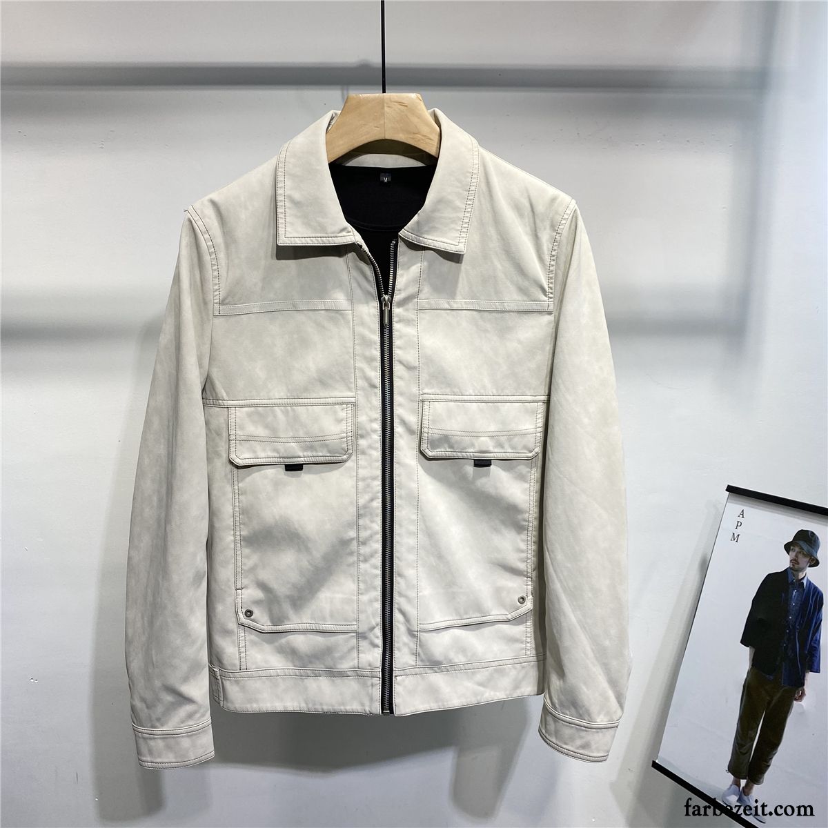 Lederjacke Herren Dünn Überzieher Herbst Mantel Trend Schlank Beige