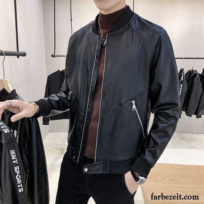 Lederjacke Herren Herbst Neu Überzieher Feder Schlank Trend Schwarz