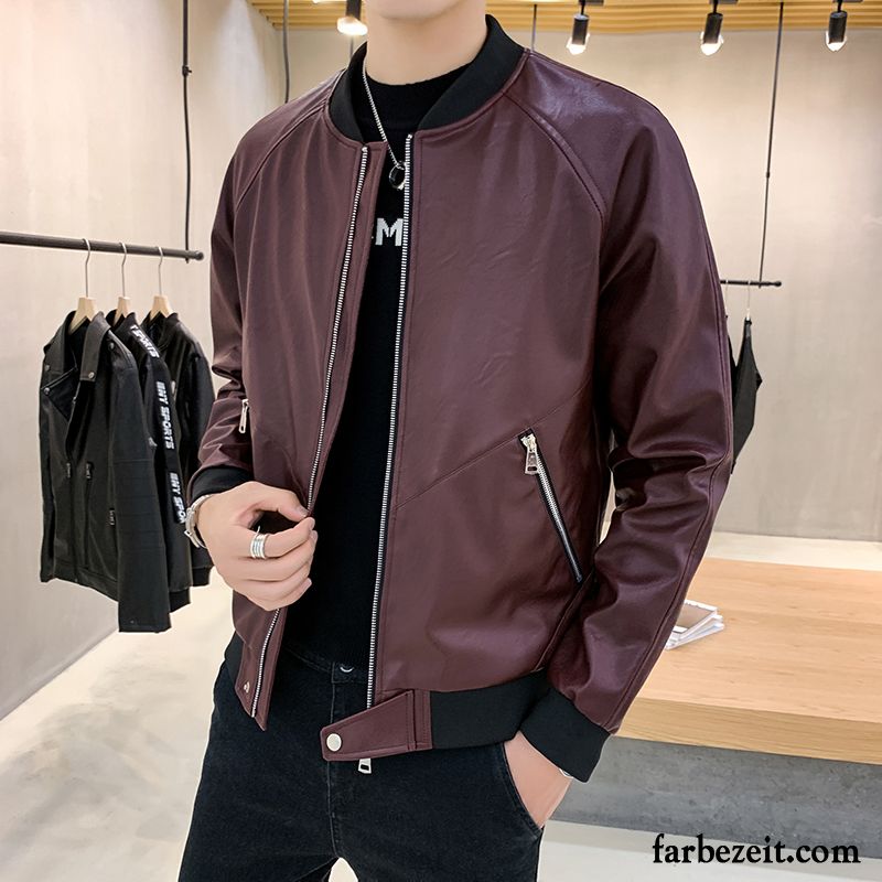 Lederjacke Herren Herbst Neu Überzieher Feder Schlank Trend Schwarz