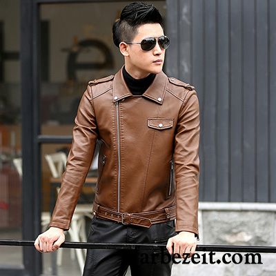 Lederjacke Herren Herbst Schlank Neu Trend Motorradanzüge Jugend Orange Gelb