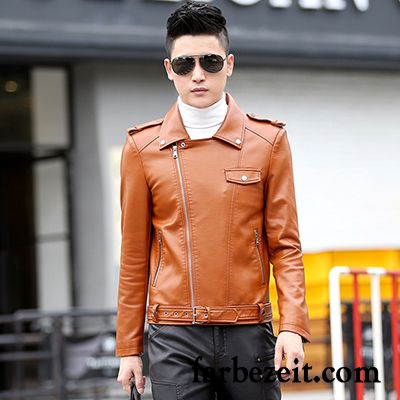 Lederjacke Herren Herbst Schlank Neu Trend Motorradanzüge Jugend Orange Gelb