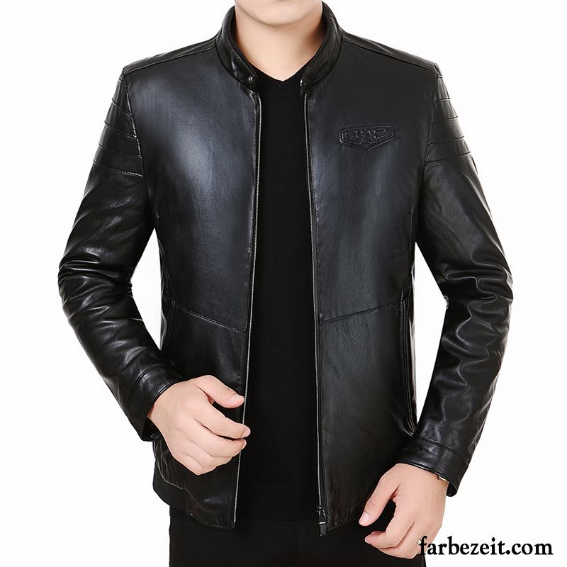 Lederjacke Herren Herbst Stehkragen Echtleder Schafspelz Freizeit Mantel Schwarz