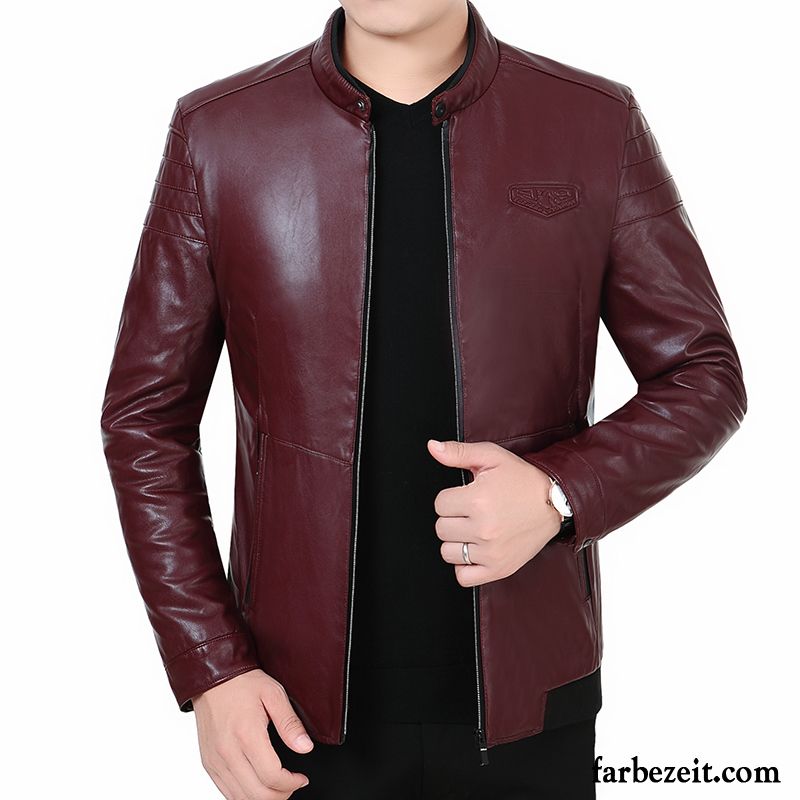 Lederjacke Herren Herbst Stehkragen Echtleder Schafspelz Freizeit Mantel Schwarz